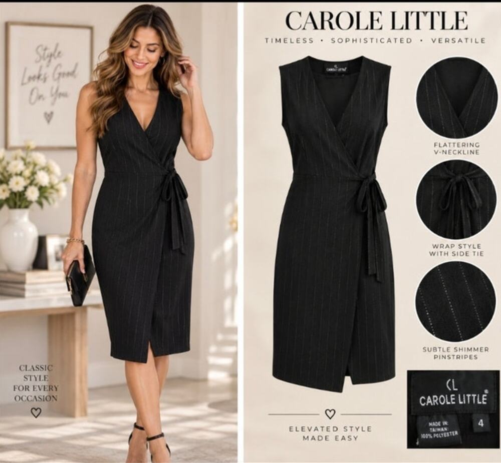 Carole Little Black Shimmer Pinstripe Wrap Dress Size 4